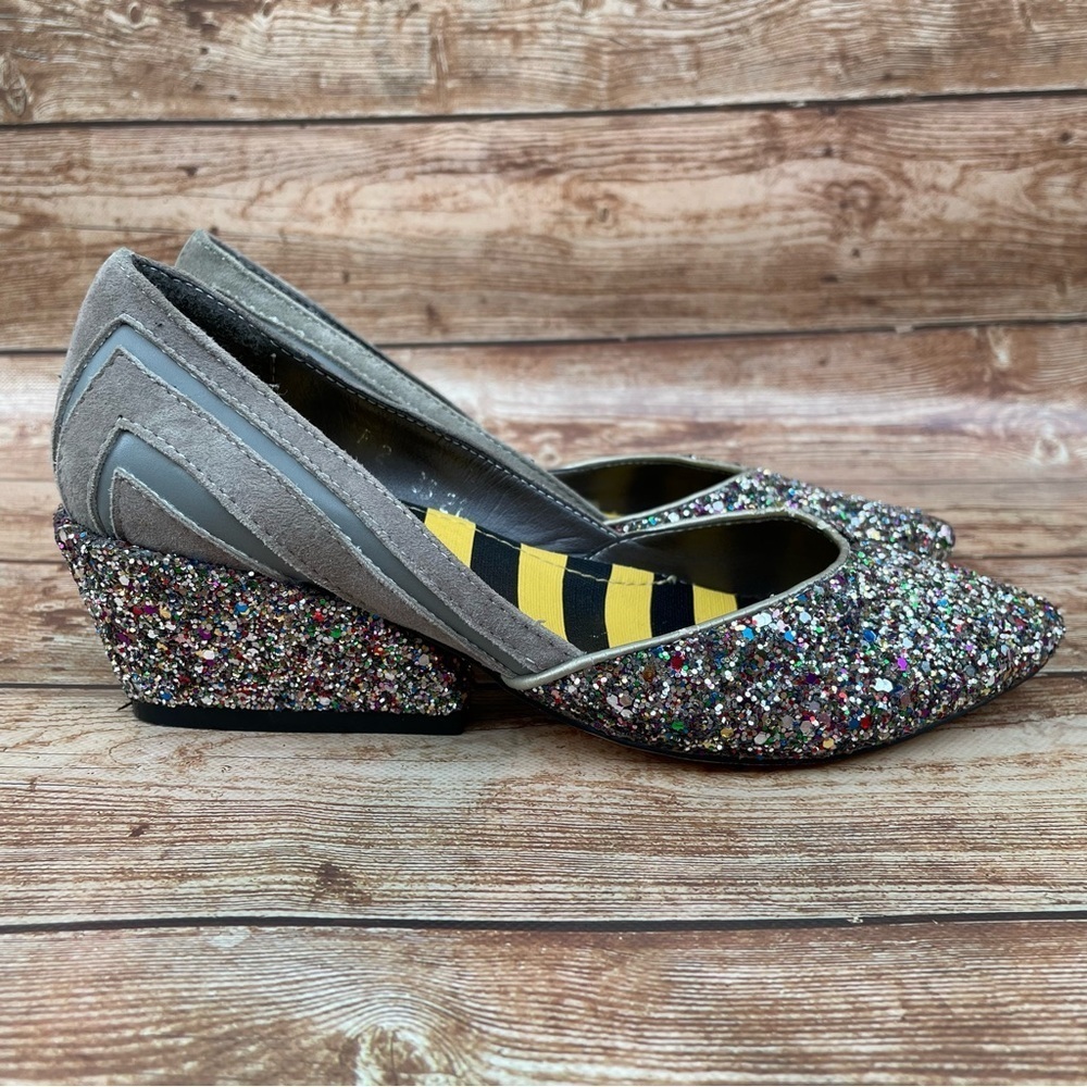 Sequins multicolor leather heels gray suede